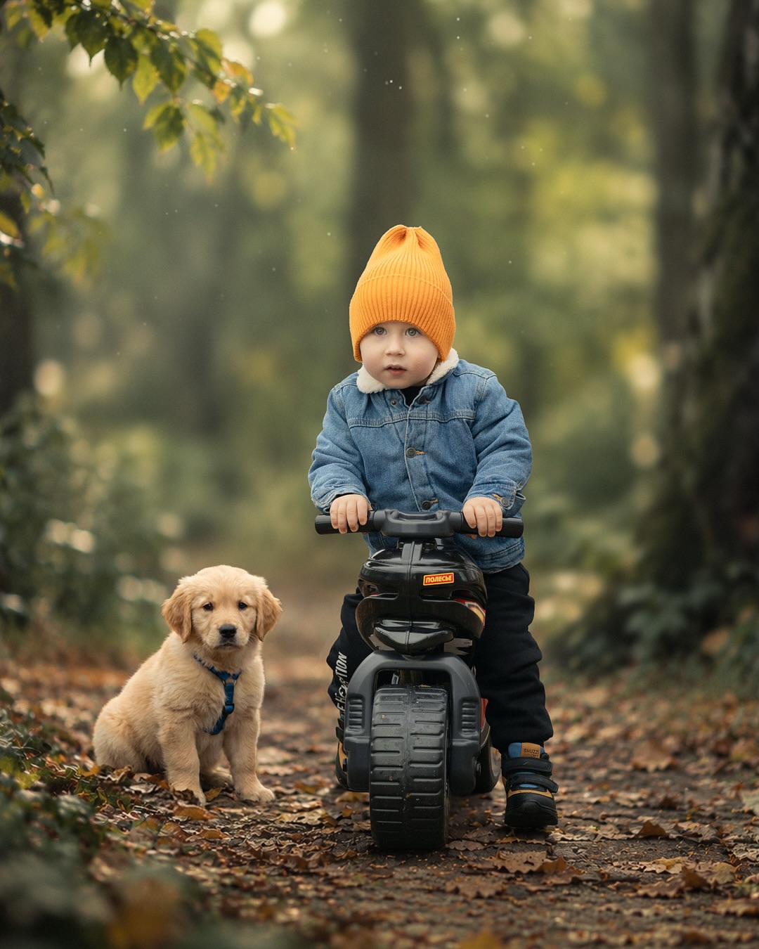 Niño en bicicleta acompañado por un cachorro