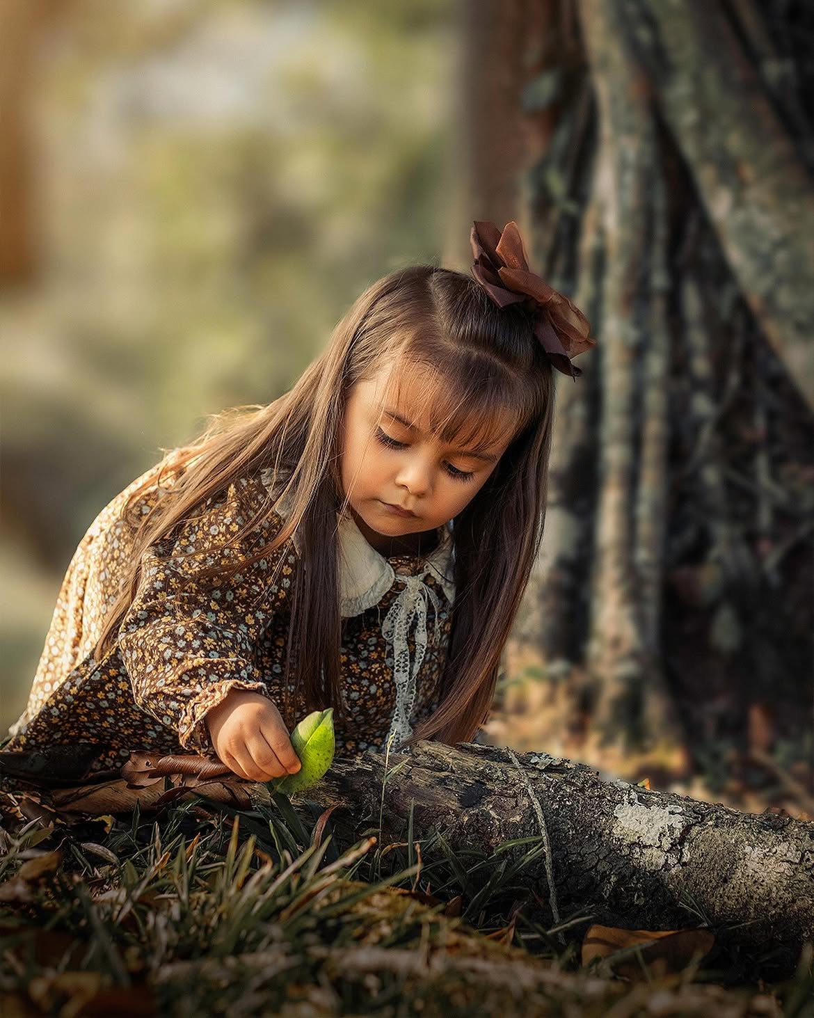 Niña explorando un bosque junto a un tronco